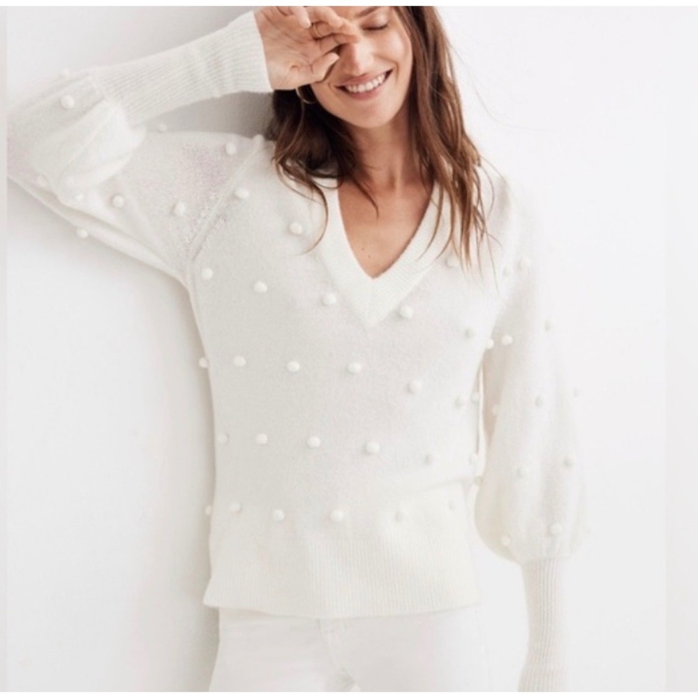Madewell Sweater Bobble Dashwood V neck Cozy Yarn Ivory Cream XS